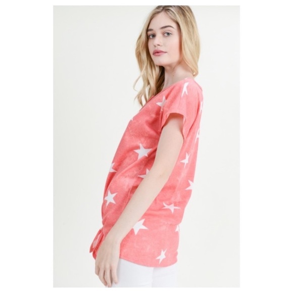 (95)New Casual Star Print Short Sleeve Top With Front Tie Hem - Picture 4 of 9